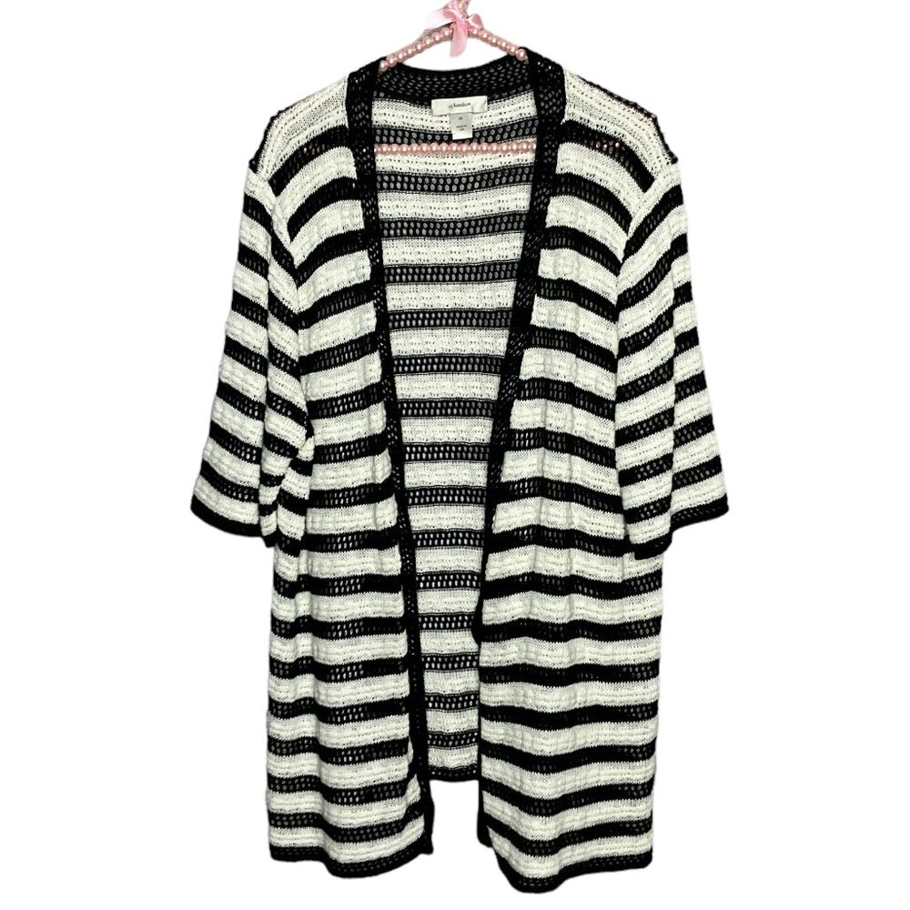 CJ Banks 2X White Black Striped Lightweight Knit‎ Open Front Cardigan Sweater